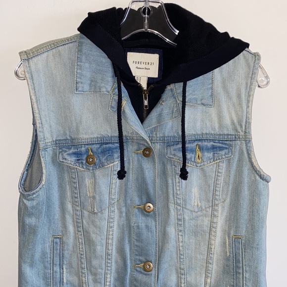 F21 Premium Denim Hooded Zip up Denim Vest - Picture 3 of 7